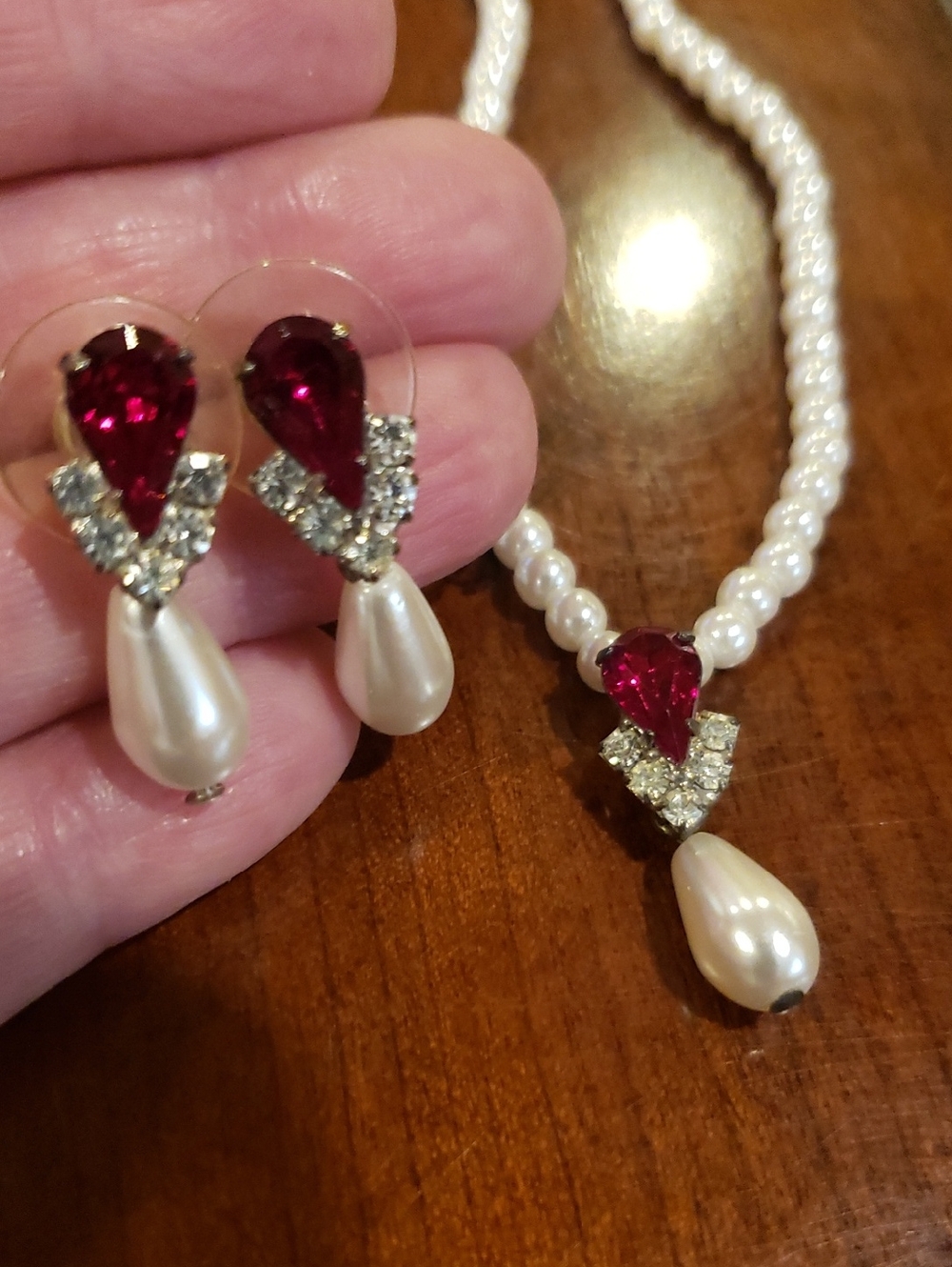 Faux Pearl & Red Gem Jewelry Set- 15.5" Necklace & Matching Drop Earrings